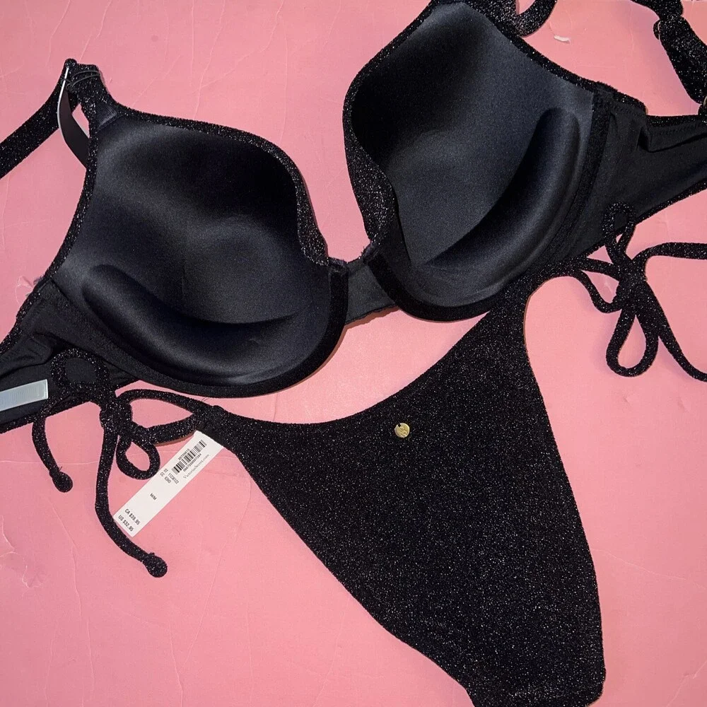 Victoria's Secret 34DD BIKINI M,L side-tie bottom BLACK gold brown SHIMMERY